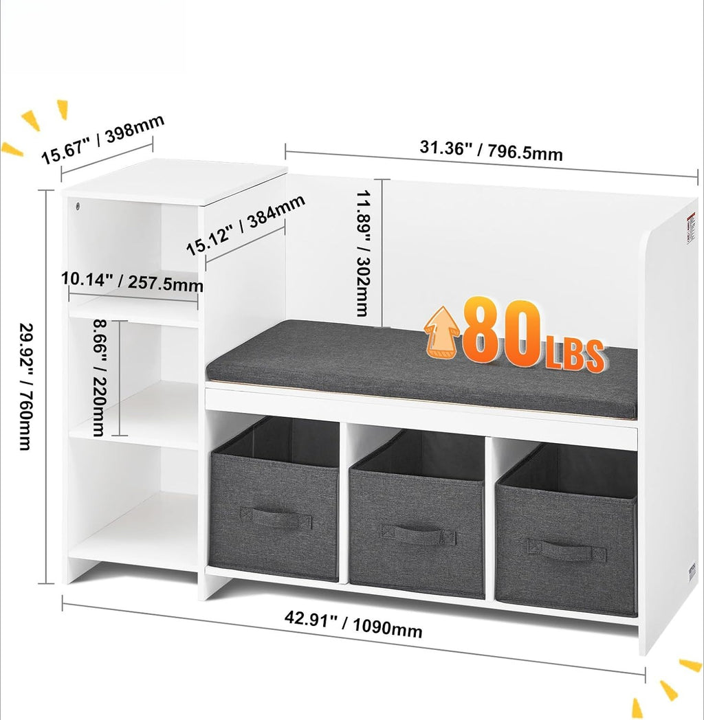 White Kids Reading Nook Bench With Storage Cushion