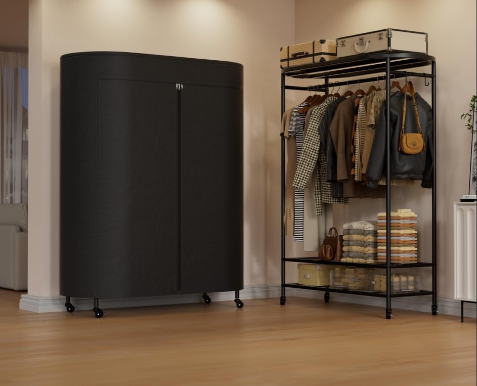 Black Heavy‑Duty Rolling Covered Portable Garment Rack