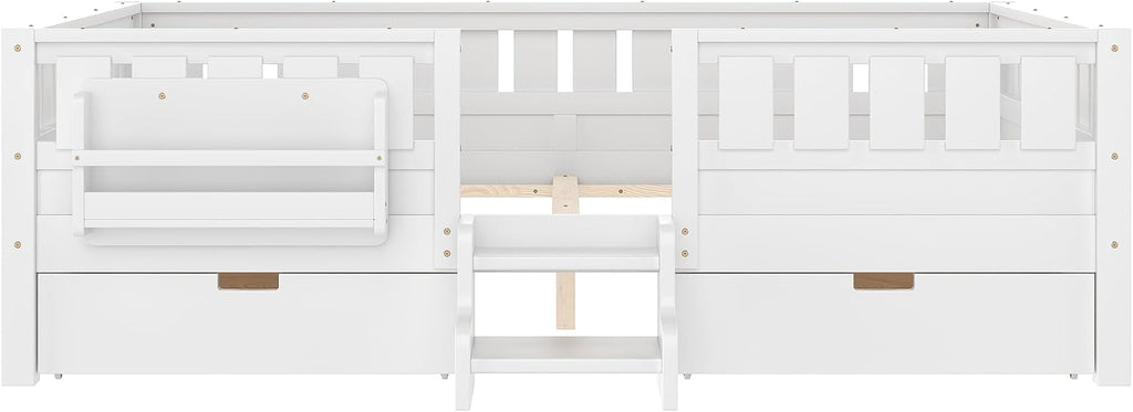 White Queen Kids Storage Platform Bed with Stairs & Guardrails
