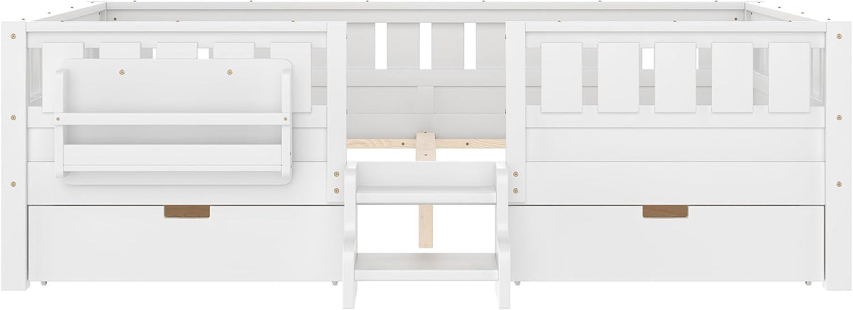 White Queen Kids Storage Platform Bed with Stairs & Guardrails