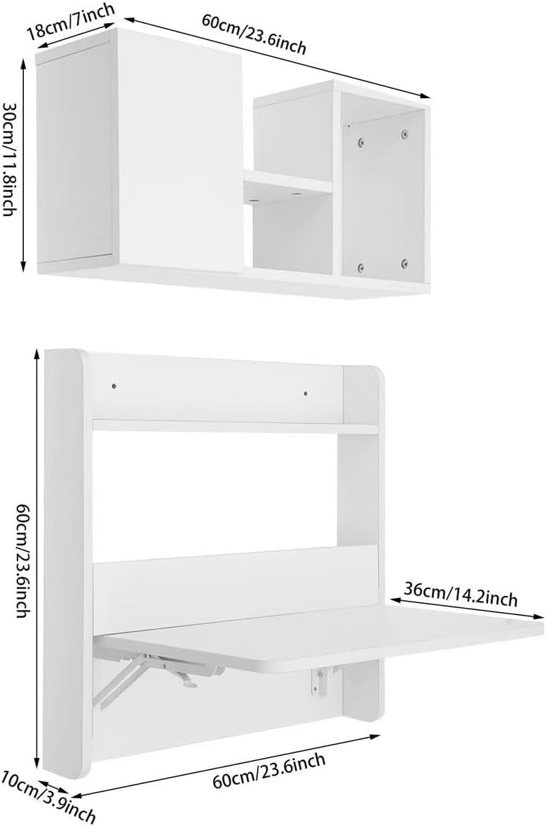 White Wall‑Mounted Folding Desk With Storage Shelves