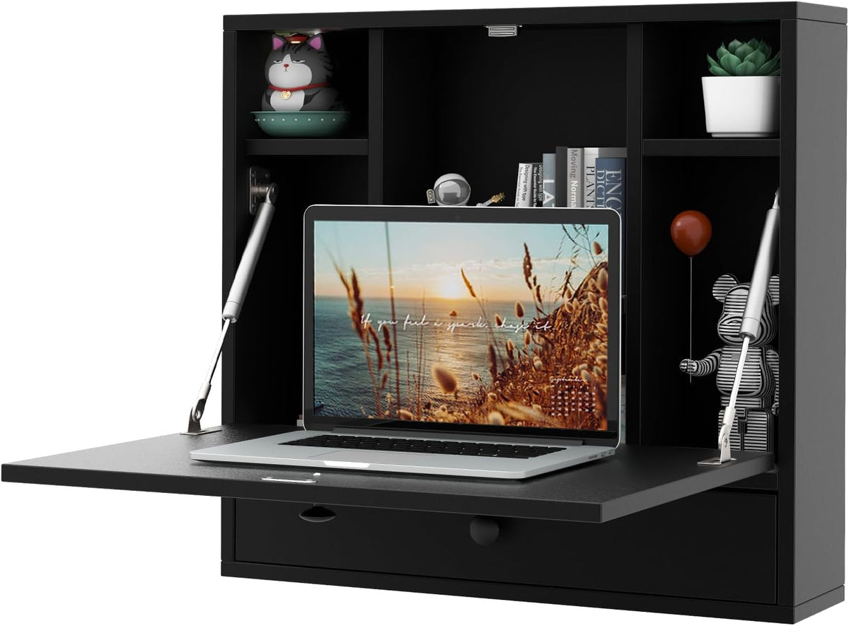 Black Wall‑Mounted Folding Desk With Storage Drawer