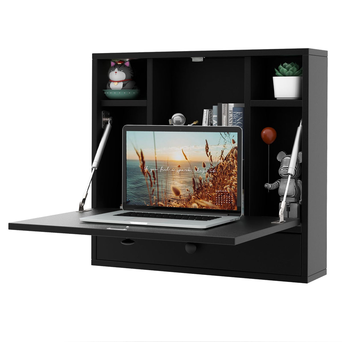 Black Wall‑Mounted Folding Desk With Storage Drawer