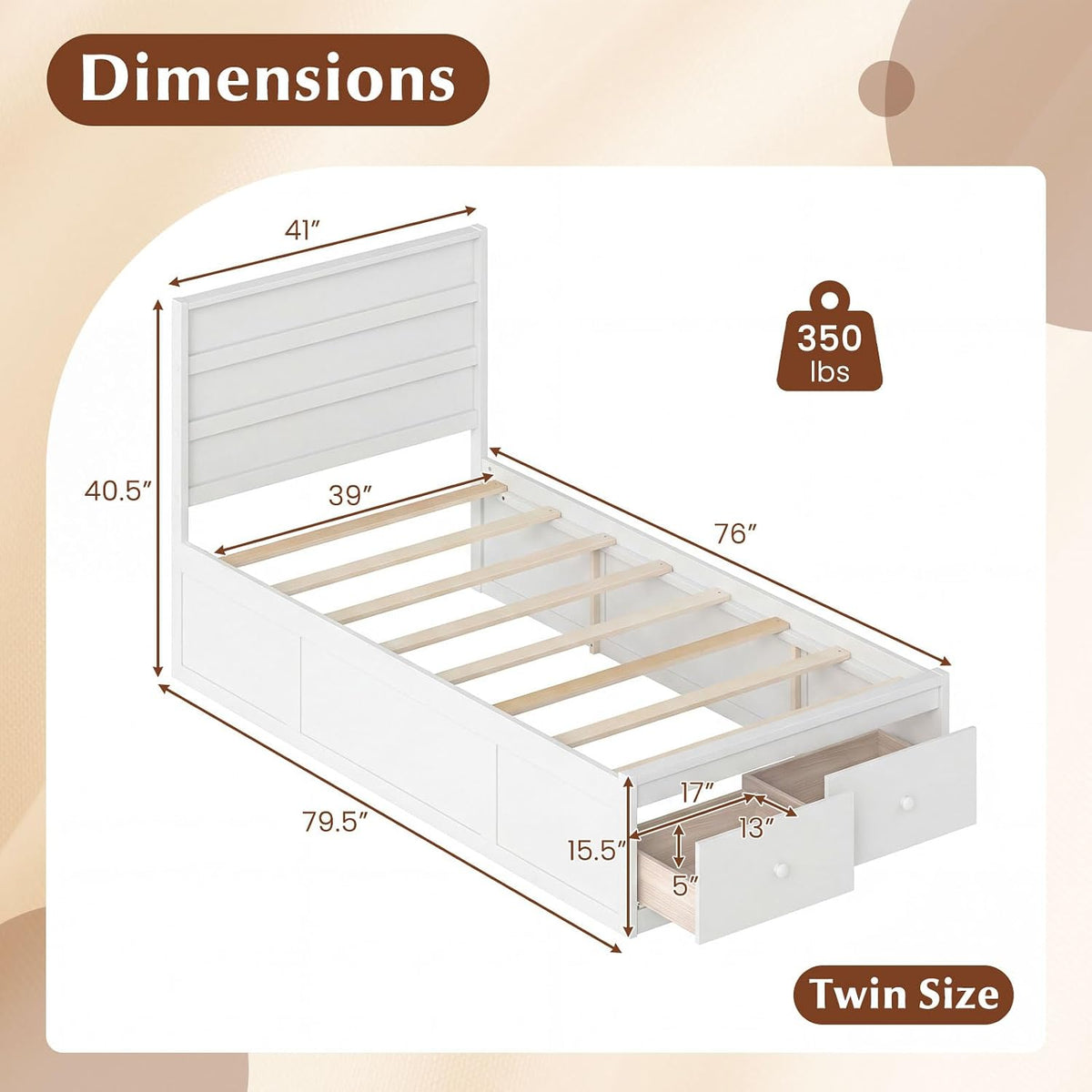 White Wooden Kids Twin Bed Frame With Storage Drawers