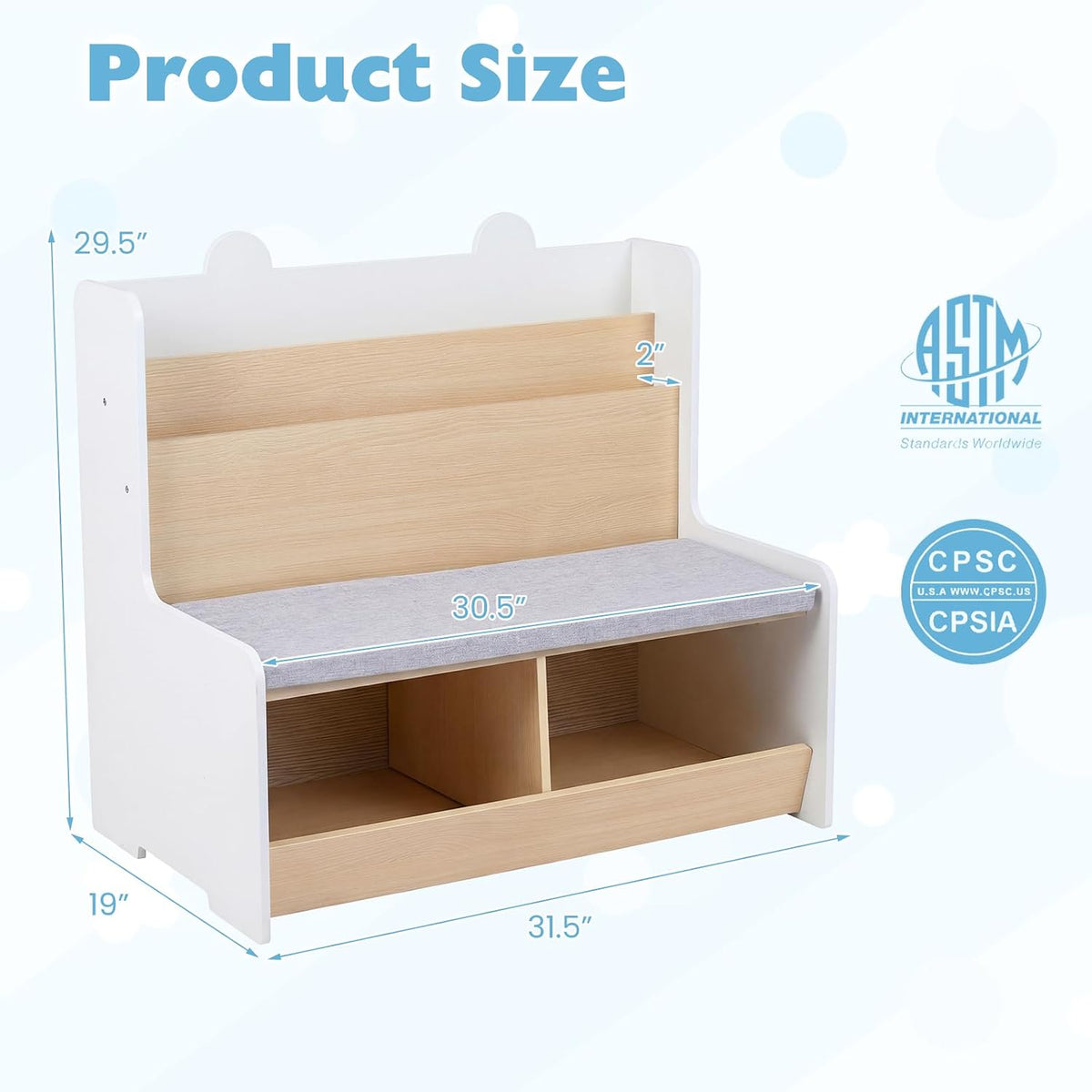 Wooden Kids Storage Bench With Bookshelf Cushion