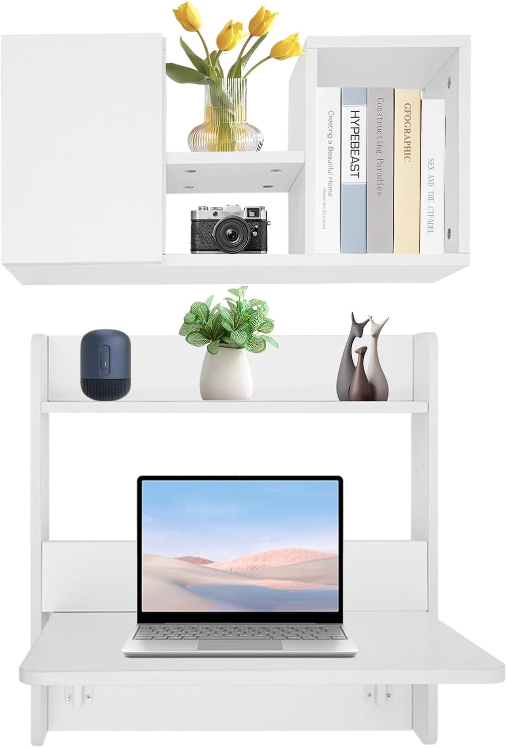 White Wall‑Mounted Folding Desk With Storage Shelves