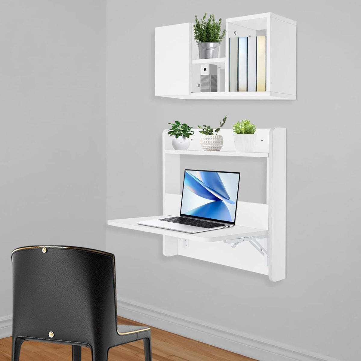 White Wall‑Mounted Folding Desk With Storage Shelves