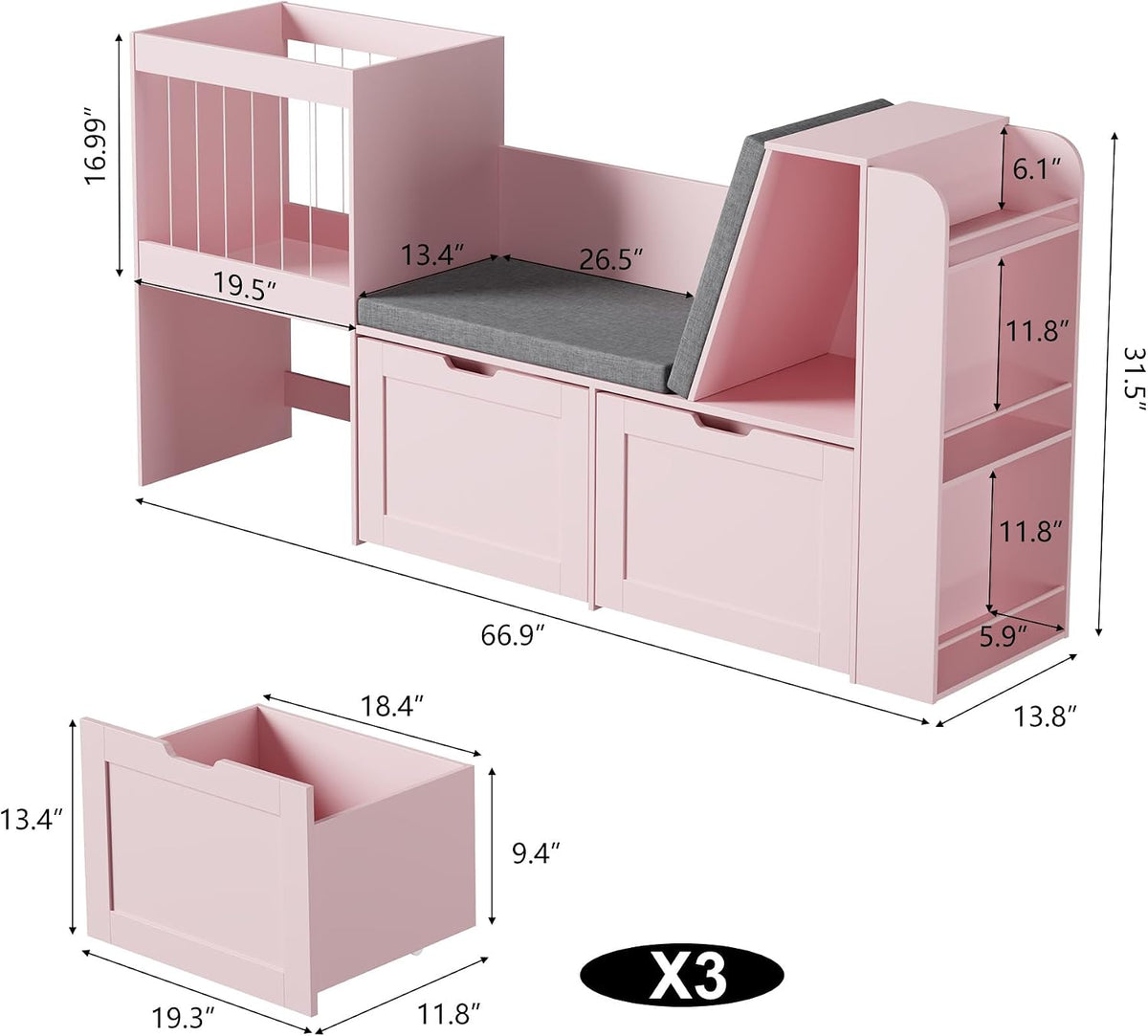 Pink Wooden Kids Storage Bench With Bookshelf Drawers