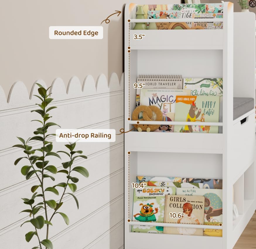 White Wooden Kids Bookshelf With Reading Bench