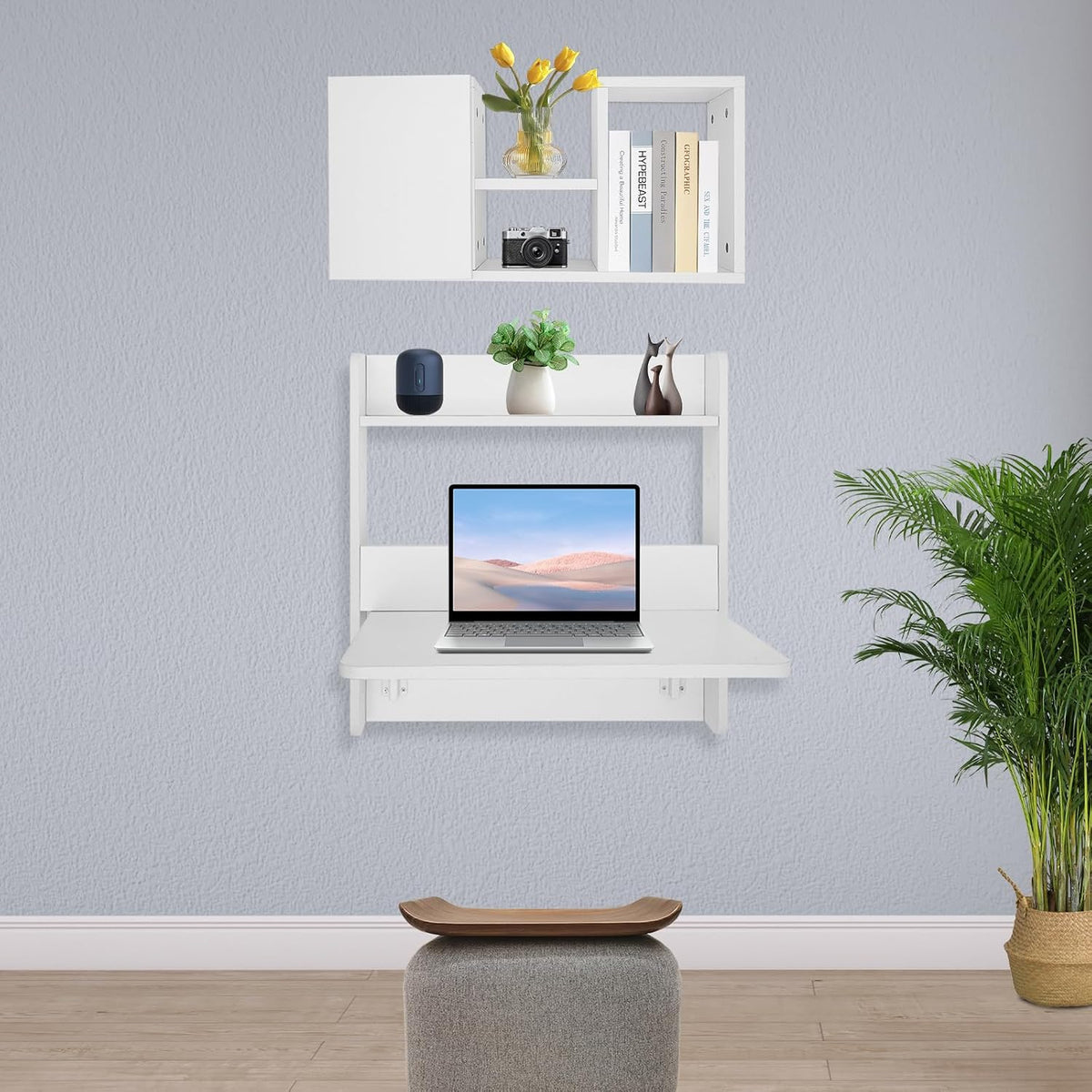 White Wall‑Mounted Folding Desk With Storage Shelves