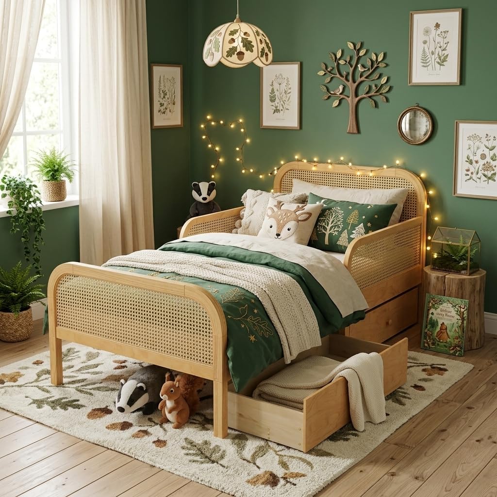 Natural Rattan Twin Kids Bed With Storage Drawers