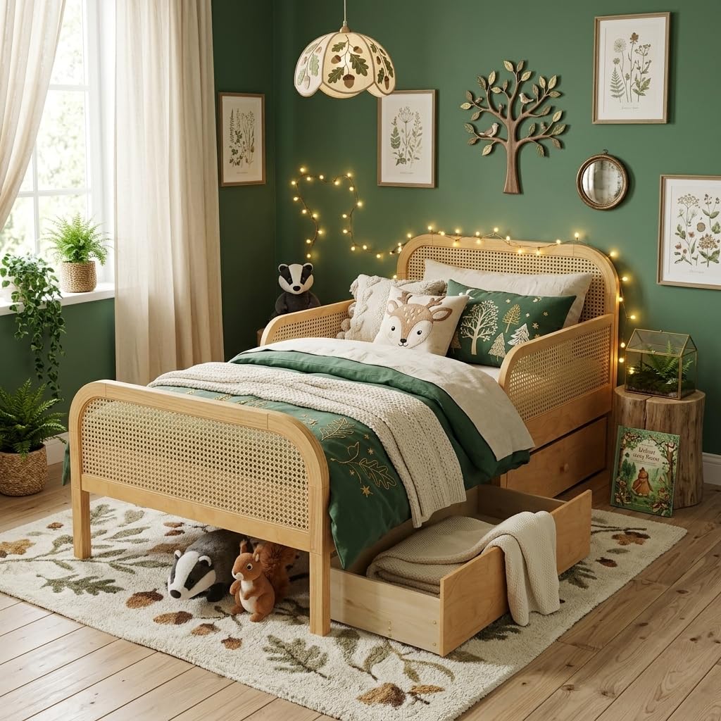 Natural Rattan Twin Kids Bed With Storage Drawers