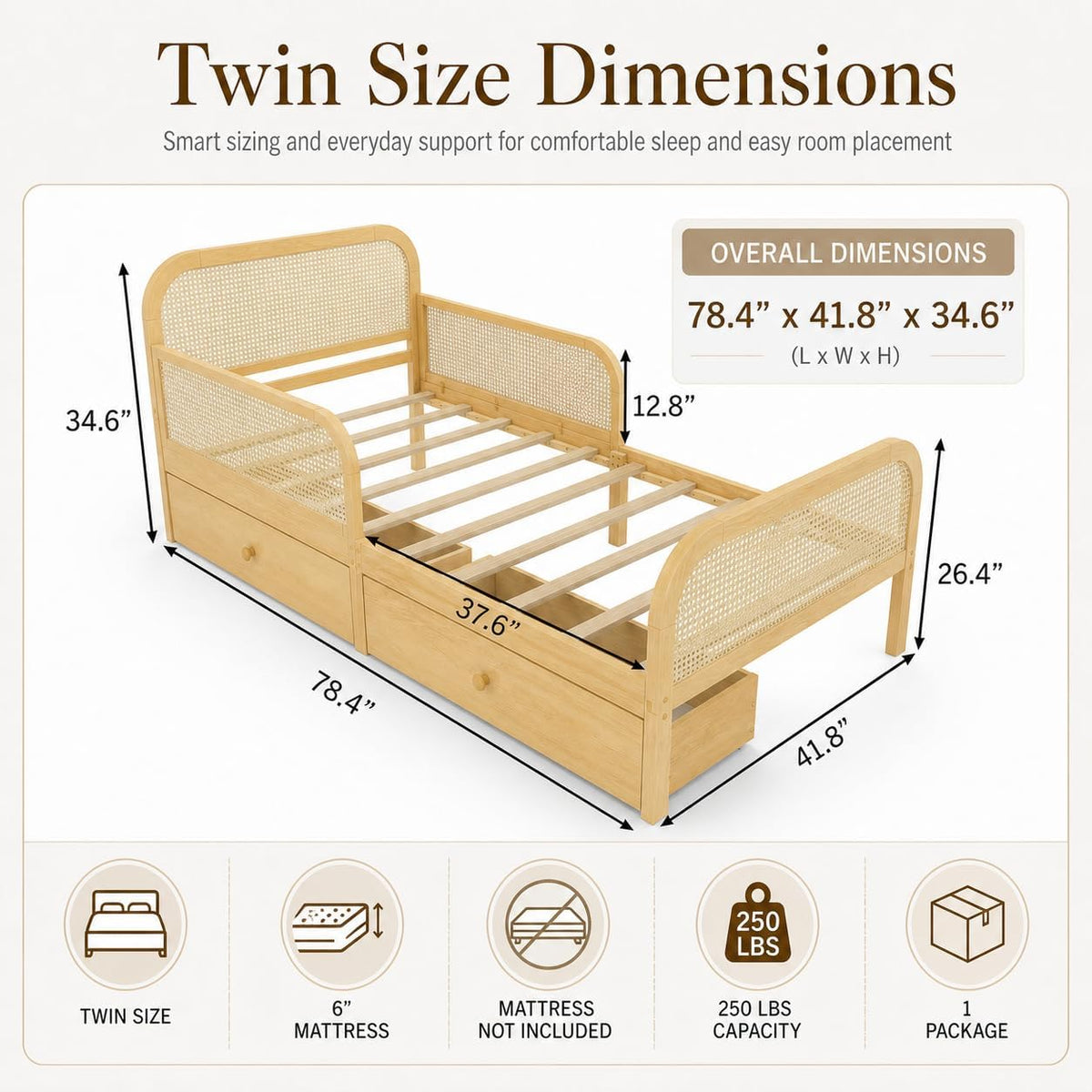 Natural Rattan Twin Kids Bed With Storage Drawers