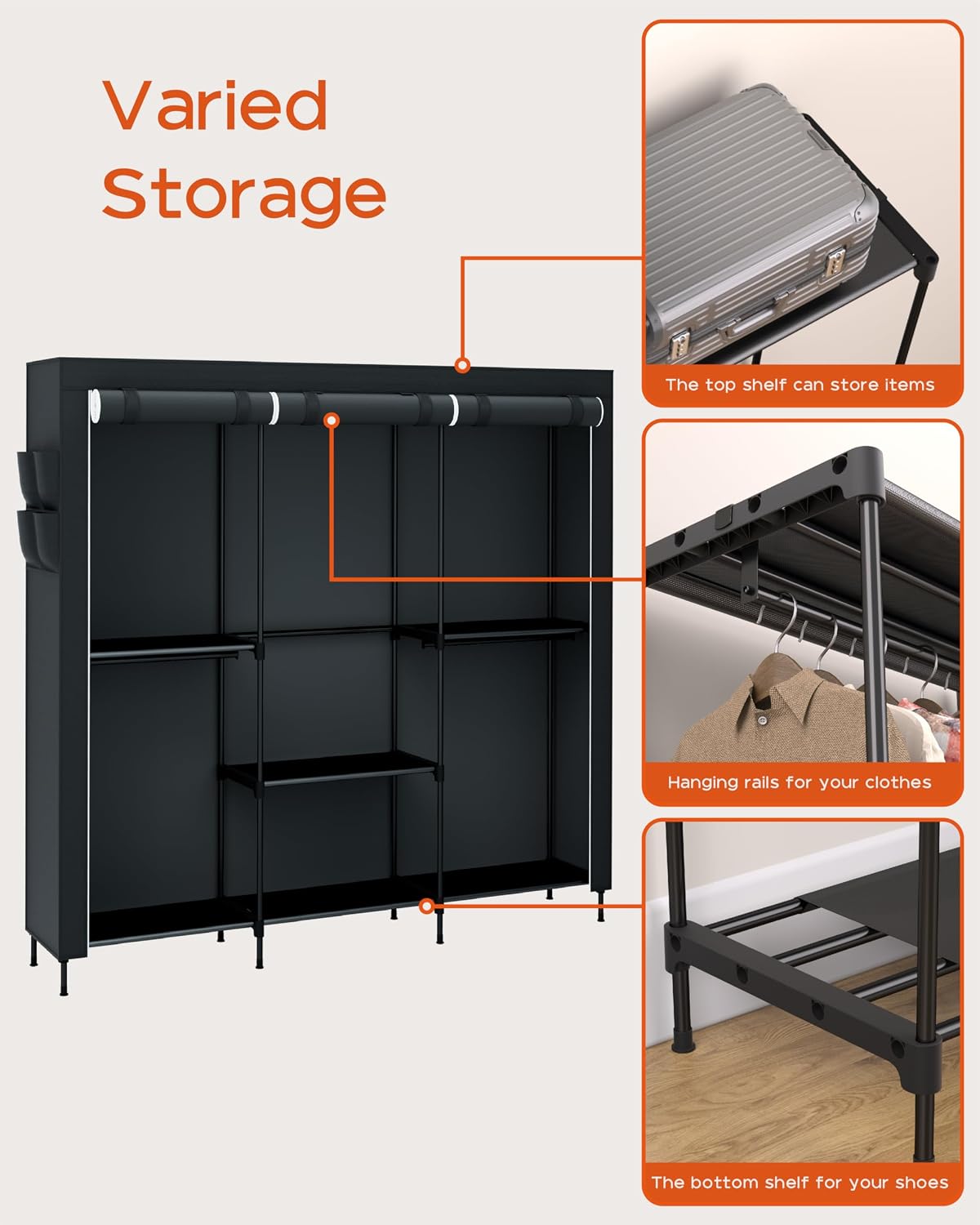 Black Large Capacity Portable Wardrobe Storage Closet