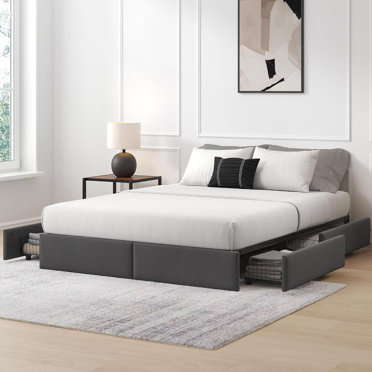 Modern Upholstered Queen Bed Frame With Storage Drawers