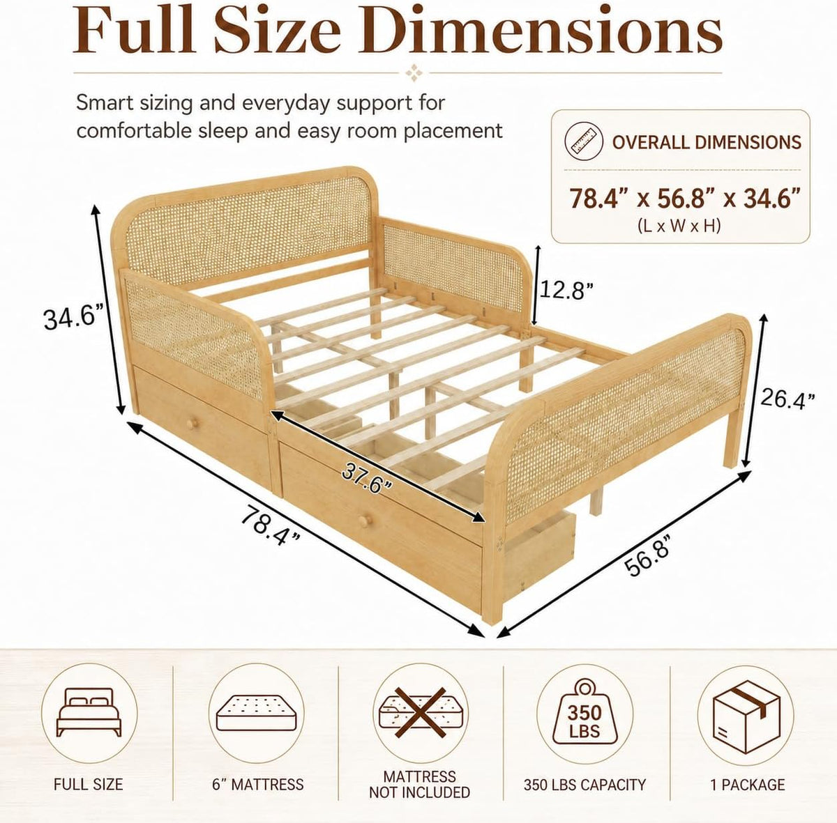 Natural Wooden Rattan Bed Frame With Storage Drawers