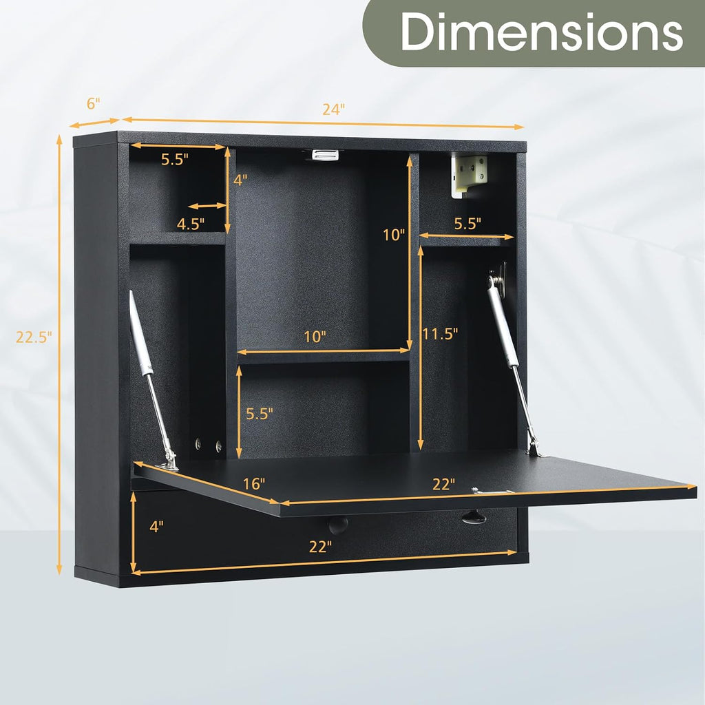 Black Wall‑Mounted Folding Desk With Storage Drawer