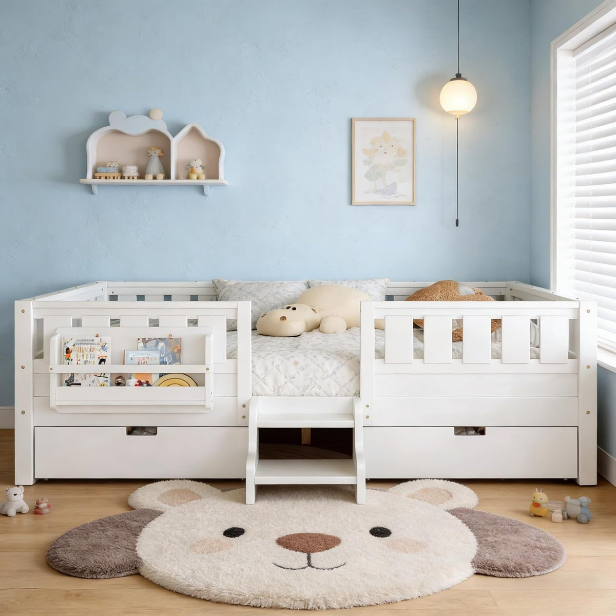 White Queen Kids Storage Platform Bed with Stairs & Guardrails