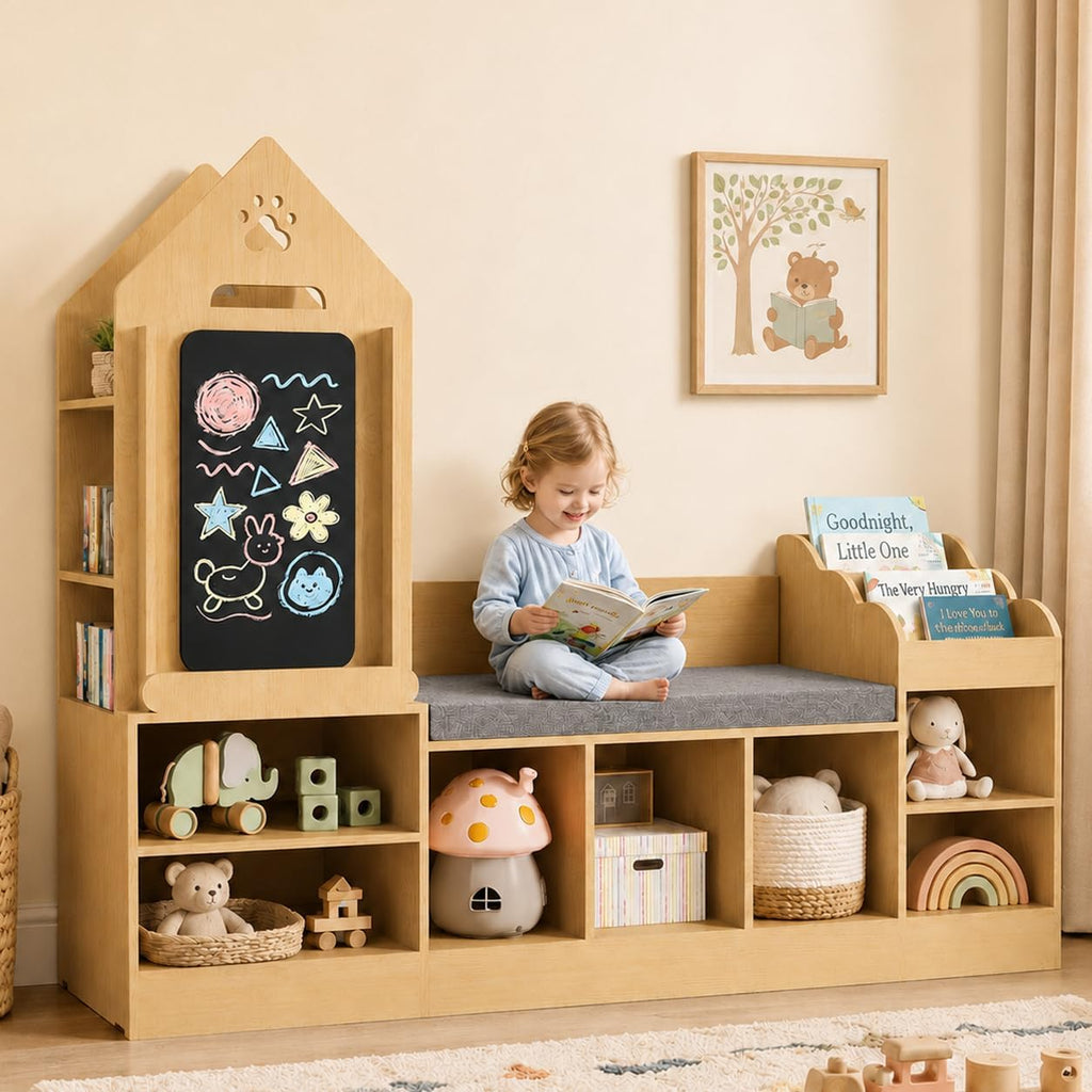Natural Oak Kids Reading Nook With Storage Bench