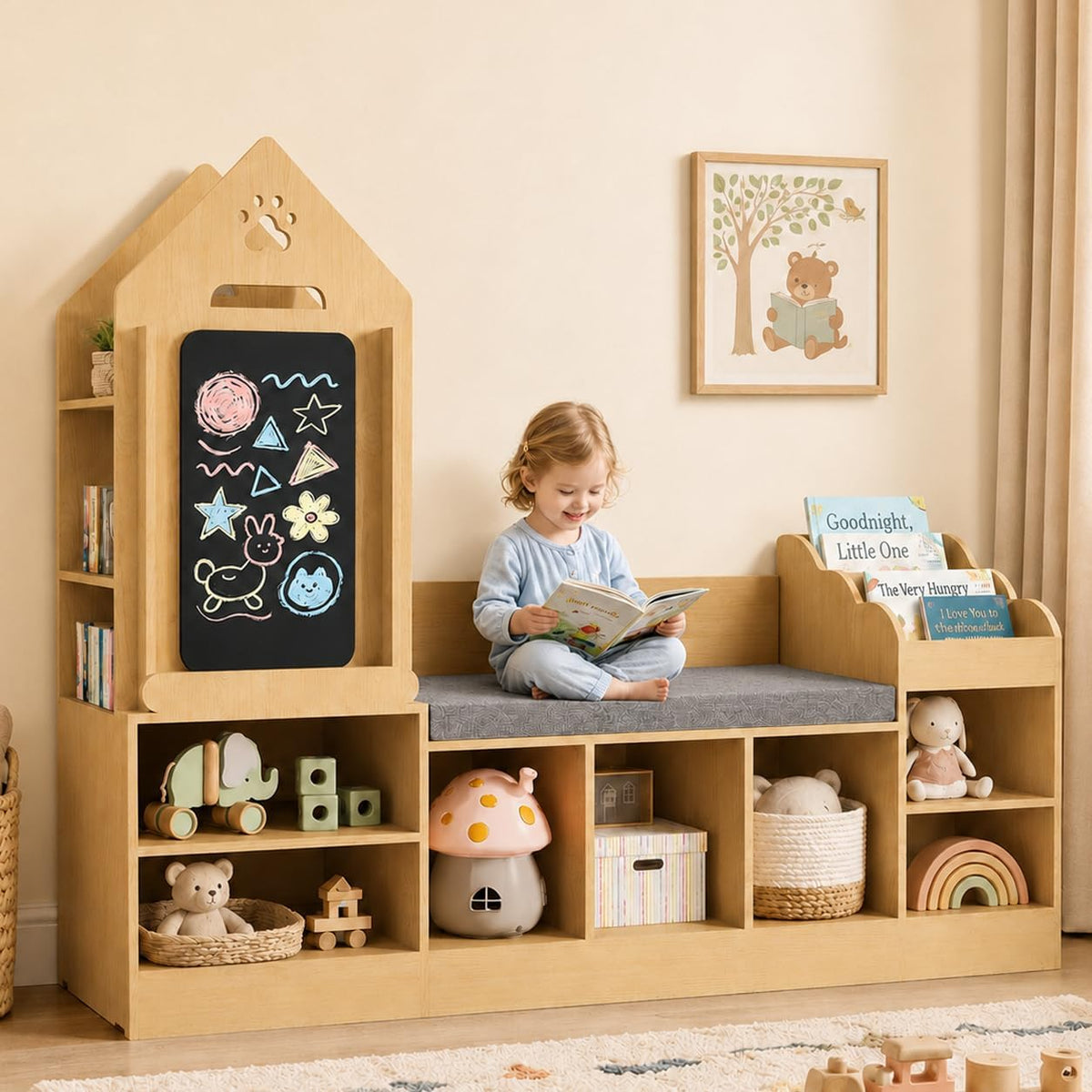 Natural Oak Kids Reading Nook With Storage Bench