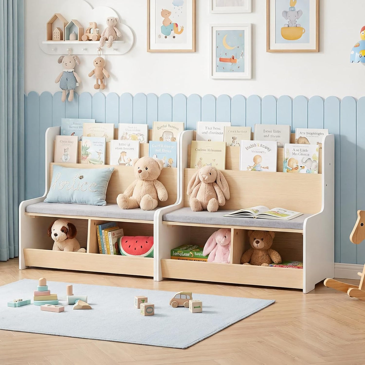 Wooden Kids Storage Bench With Bookshelf Cushion