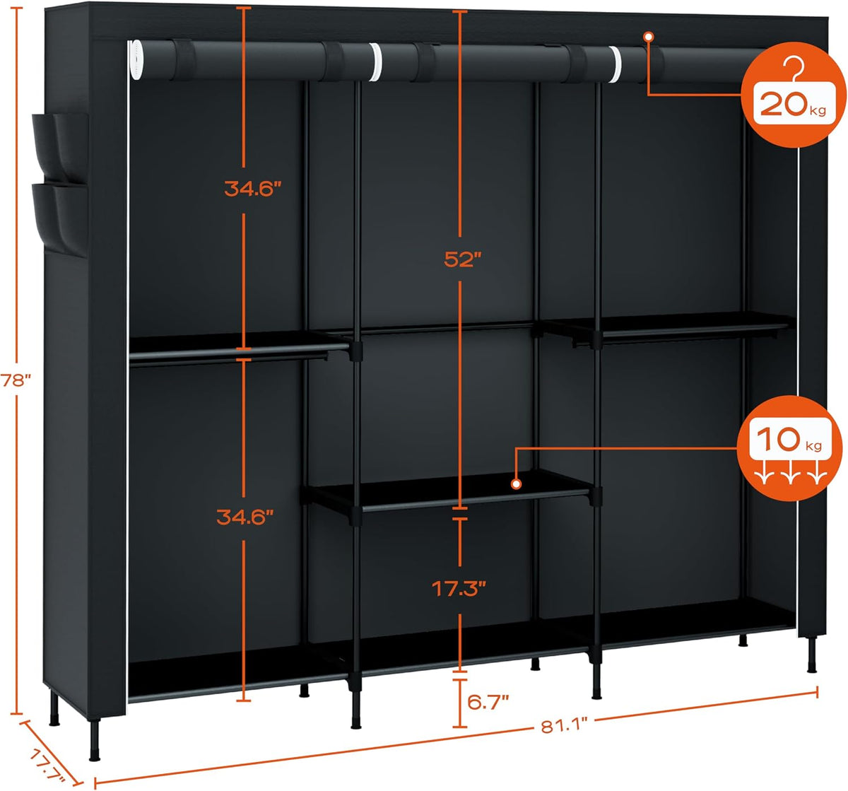 Black Large Capacity Portable Wardrobe Storage Closet