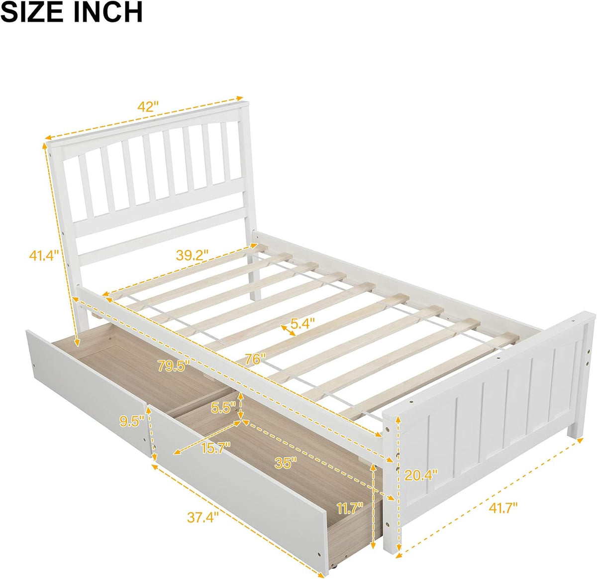 White Wooden Twin Kids Bed Frame With Storage Drawers