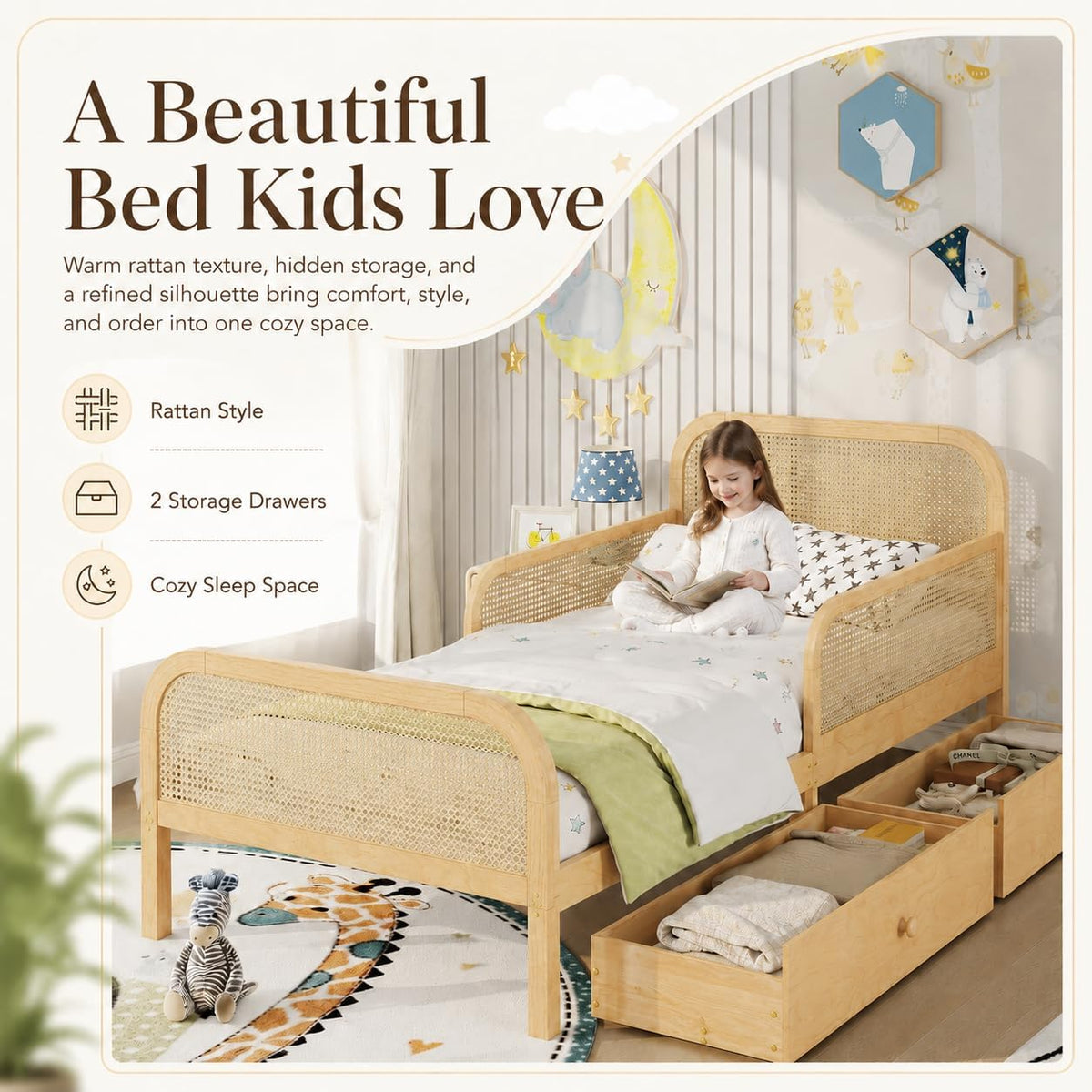 Natural Wooden Rattan Bed Frame With Storage Drawers