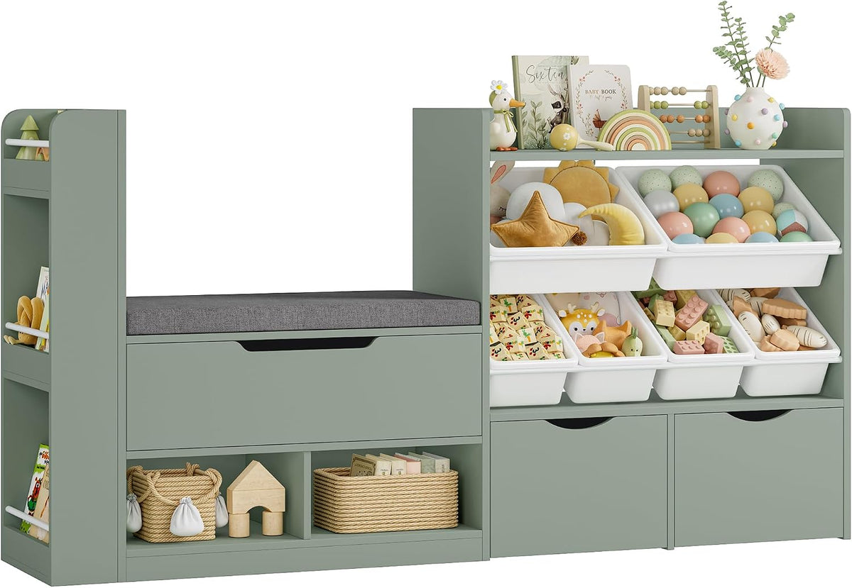 Green Wooden Kids Bookshelf With Storage Bench