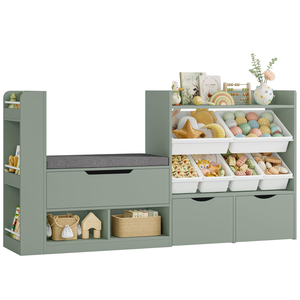 Green Wooden Kids Bookshelf With Storage Bench