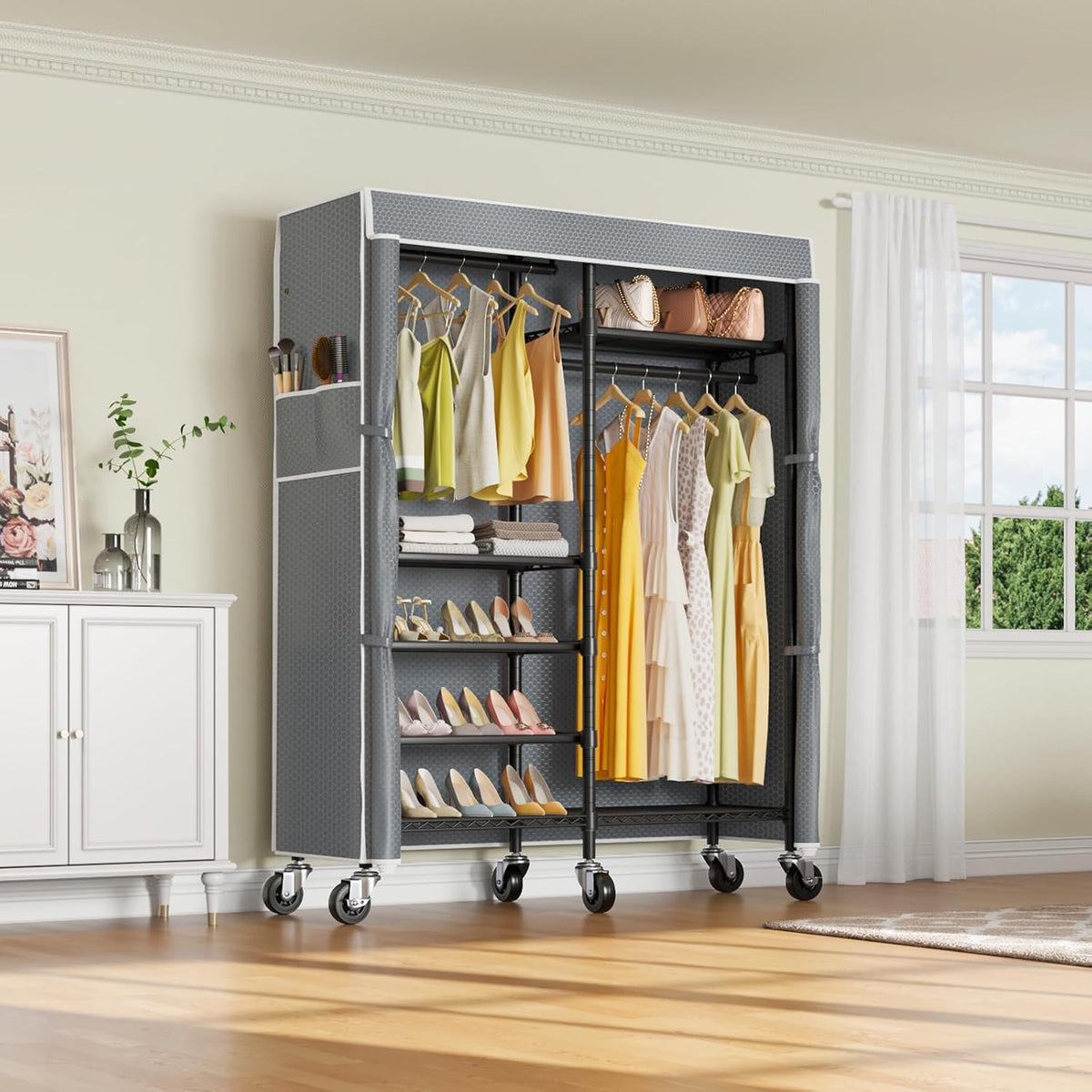 Grey Heavy‑Duty Rolling Covered Portable Garment Rack