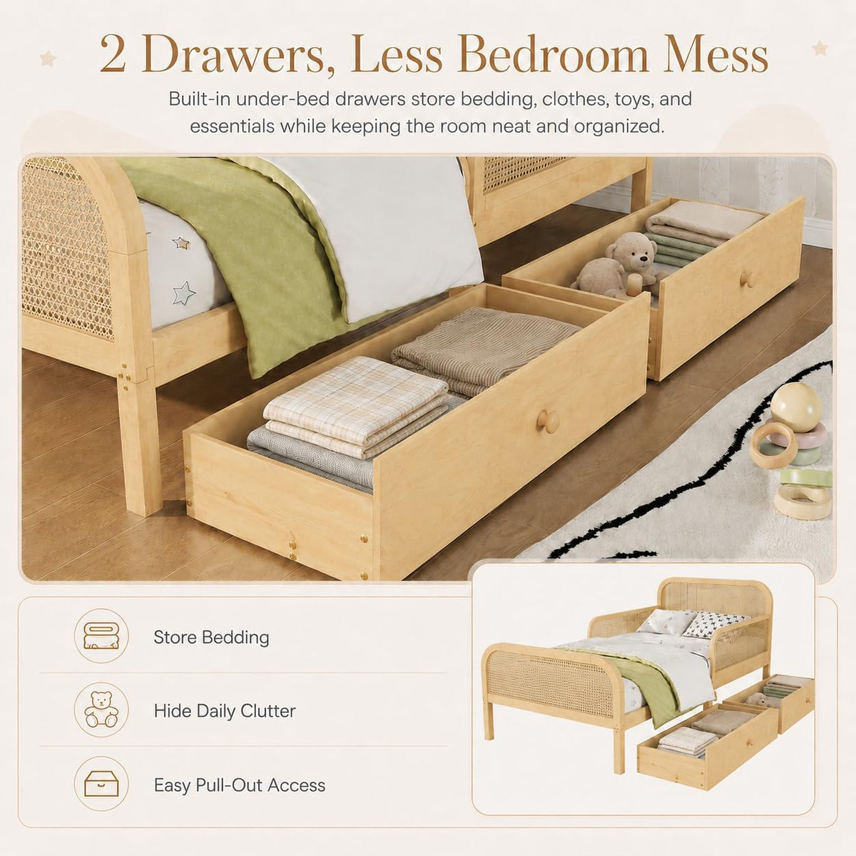 Natural Wooden Rattan Bed Frame With Storage Drawers