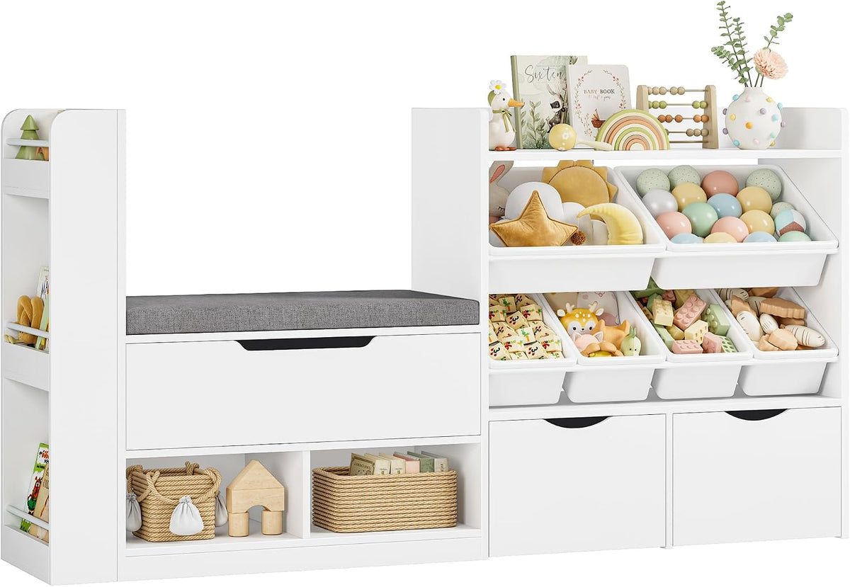 White Wooden Kids Bookshelf With Reading Bench