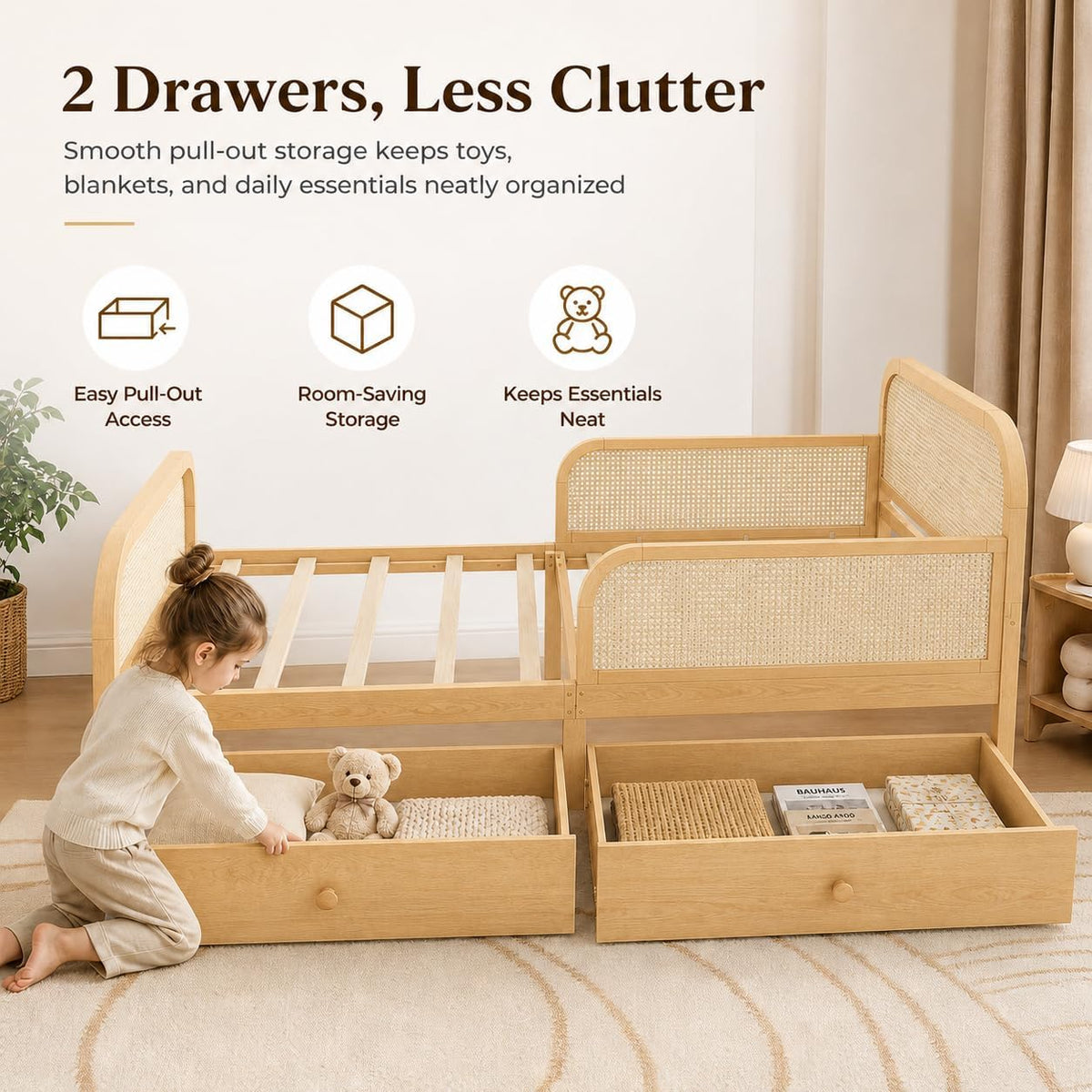 Natural Rattan Twin Kids Bed With Storage Drawers