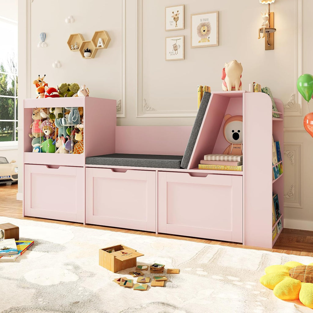 Pink Wooden Kids Storage Bench With Bookshelf Drawers