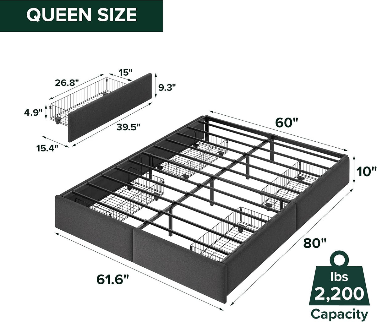 Modern Upholstered Queen Bed Frame With Storage Drawers
