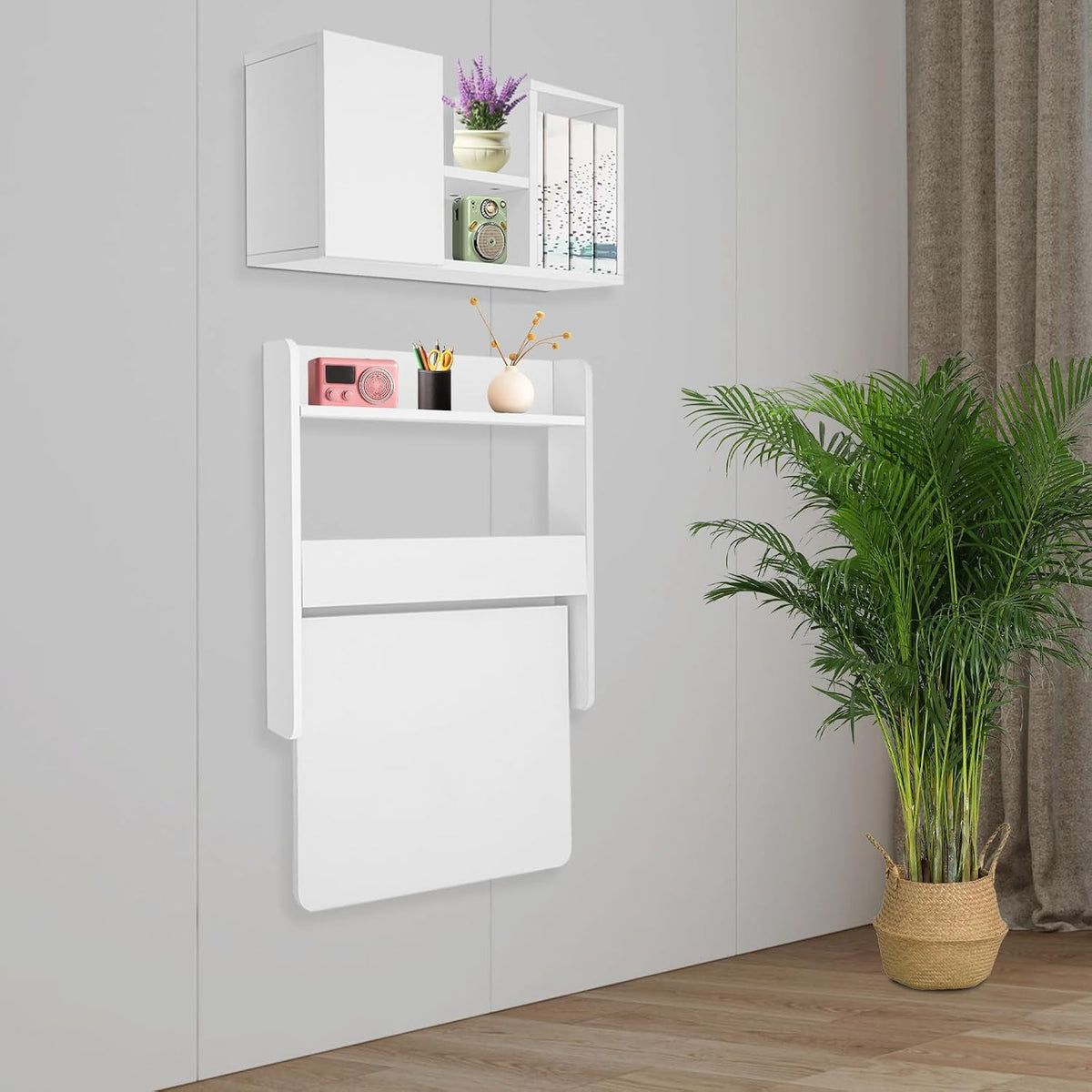 White Wall‑Mounted Folding Desk With Storage Shelves