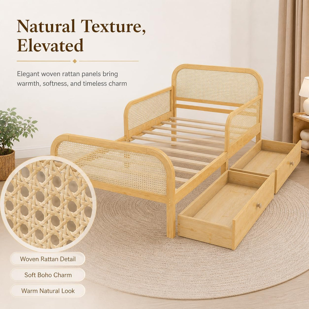 Natural Rattan Twin Kids Bed With Storage Drawers