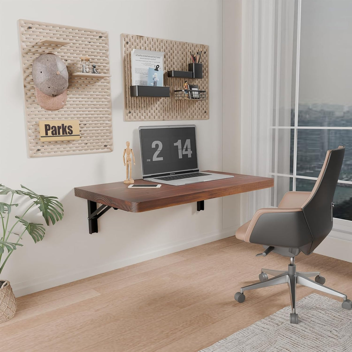 Brown Pine‑Wood Wall‑Mounted Folding Floating Desk