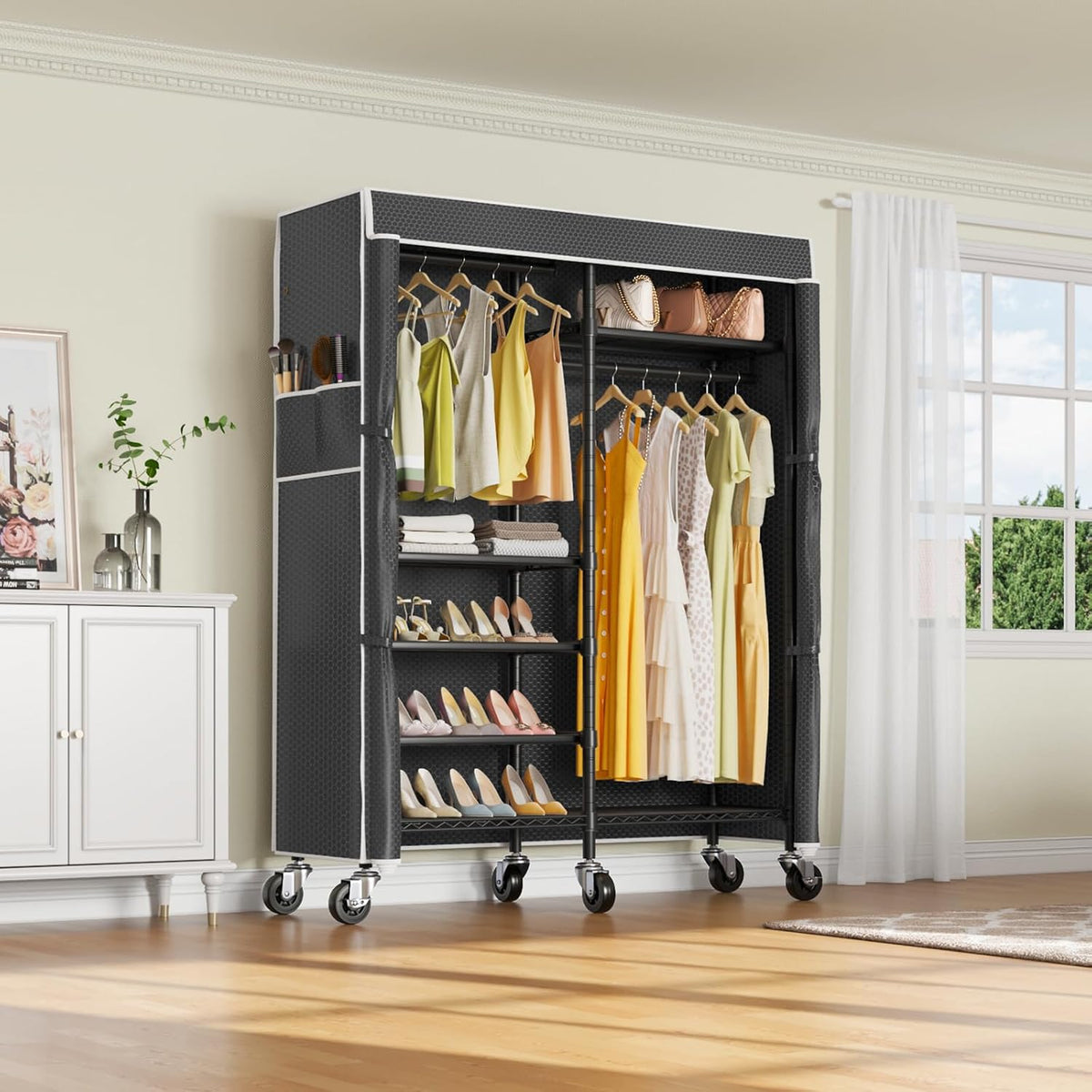 Black Rolling Portable Covered Garment Closet Rack