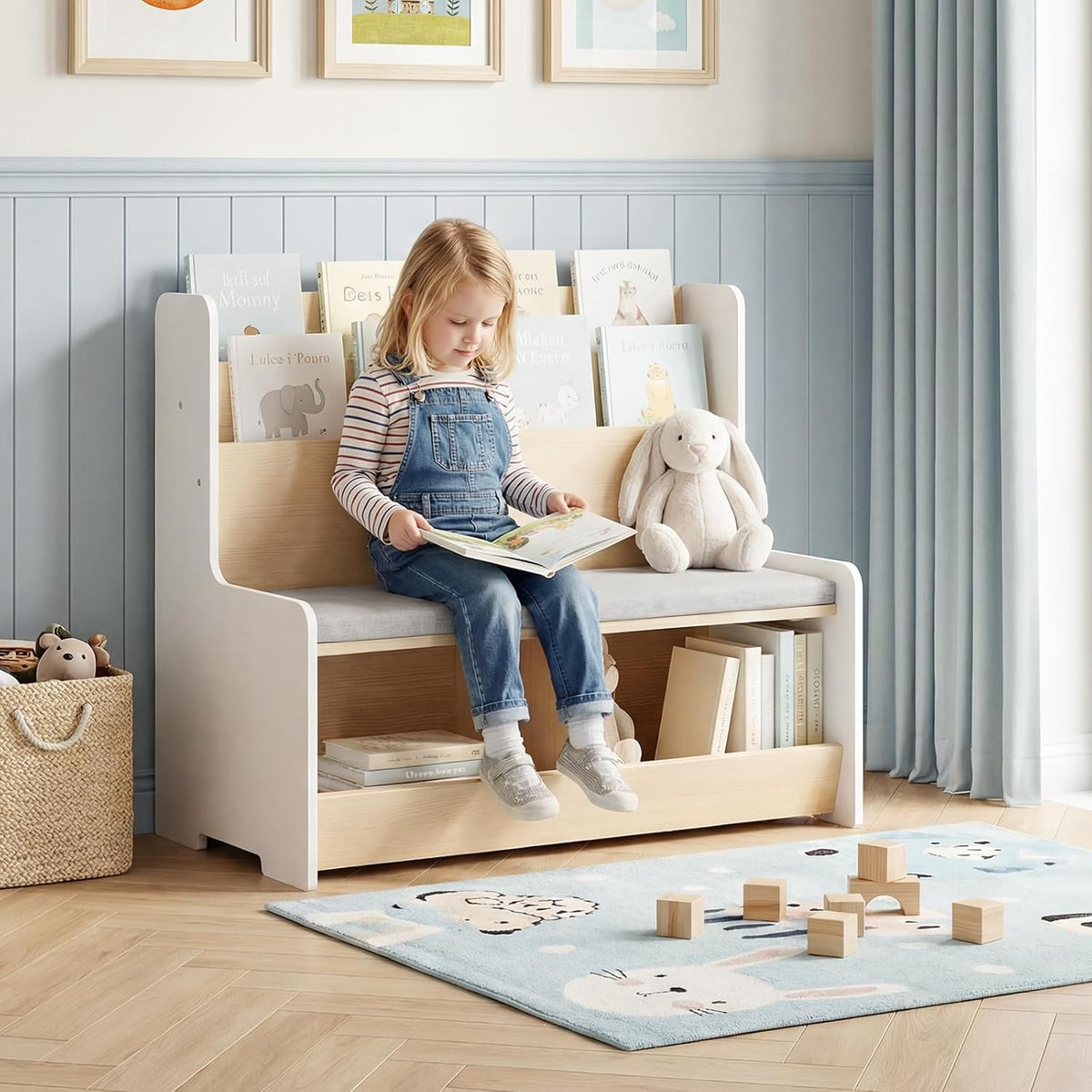 Wooden Kids Storage Bench With Bookshelf Cushion