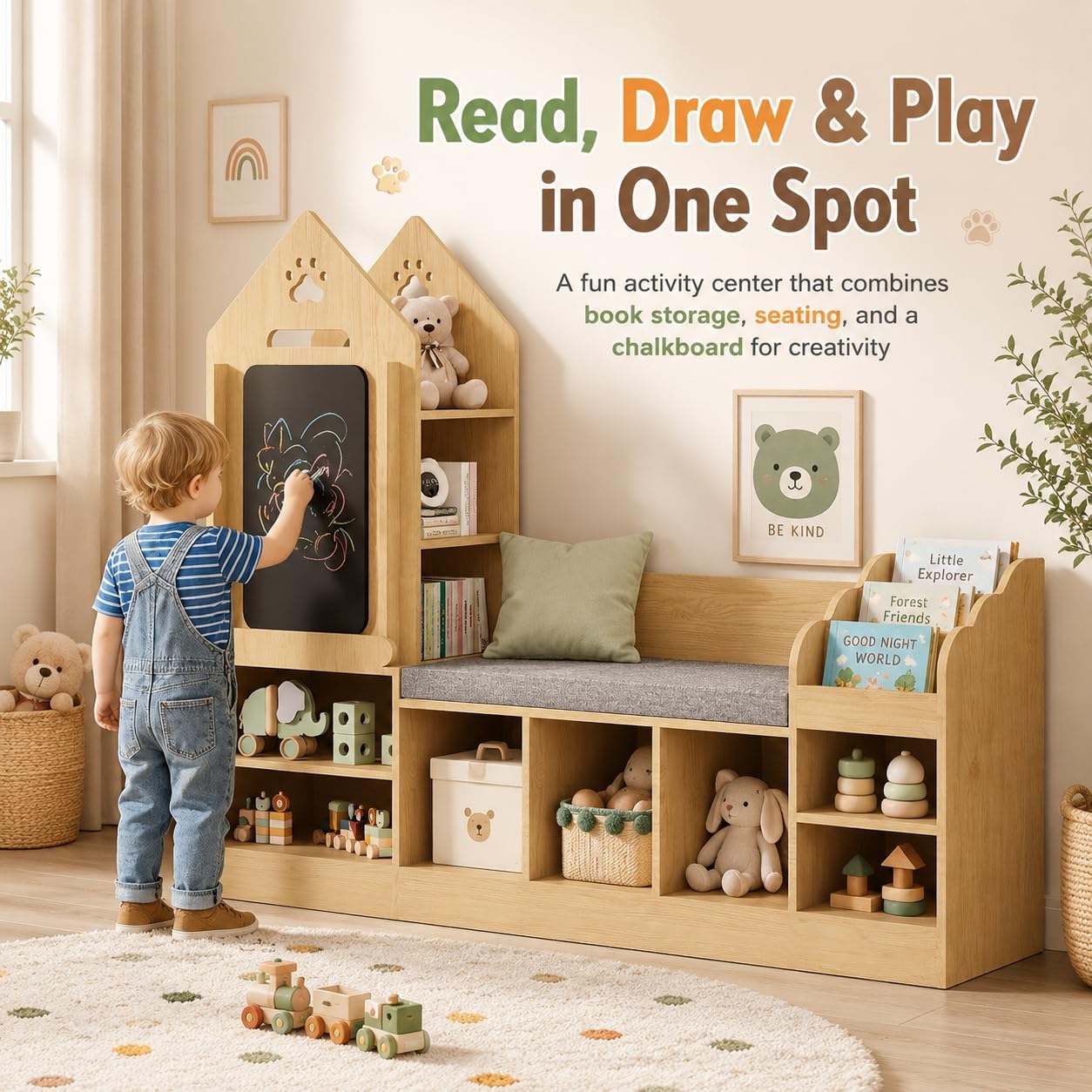 Natural Oak Kids Reading Nook With Storage Bench