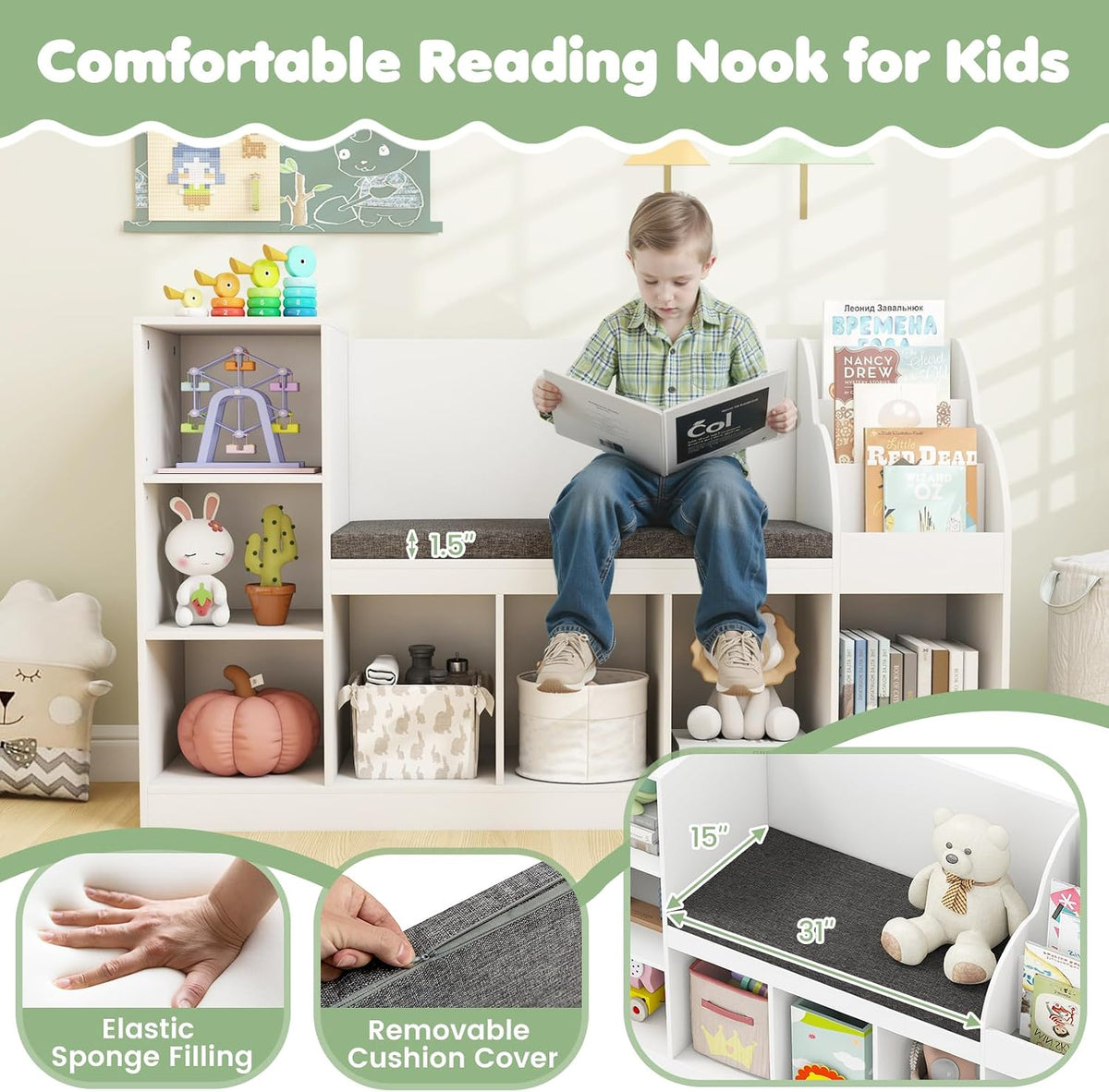 White Kids Bookshelf With Reading Nook Bench