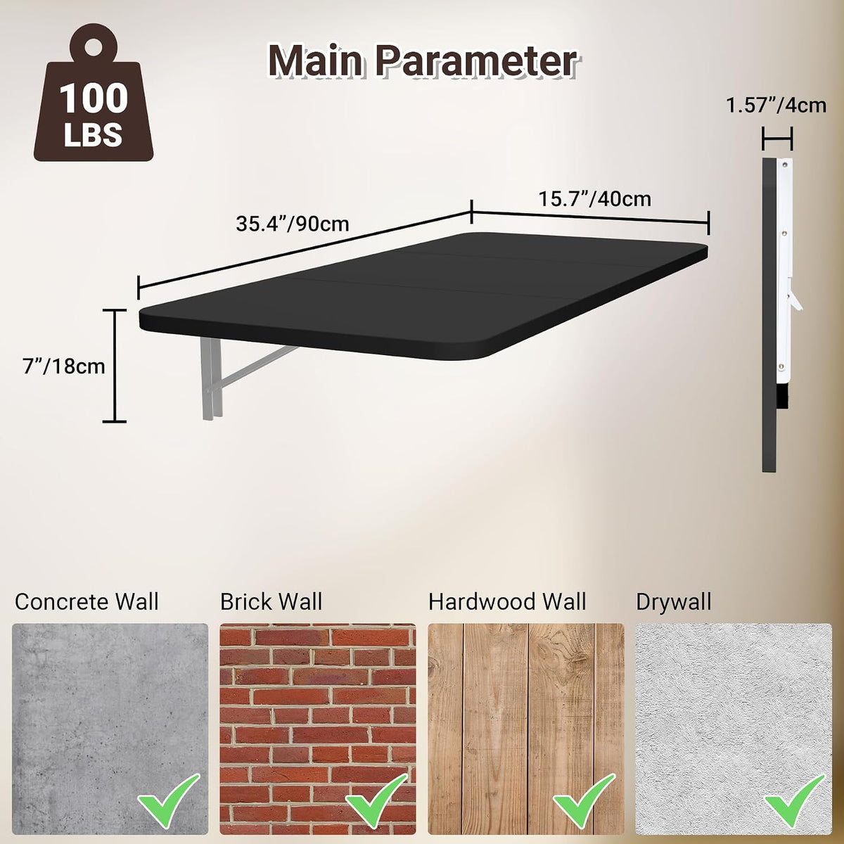 Black Wall‑Mounted Drop‑Leaf Space‑Saving Folding Desk