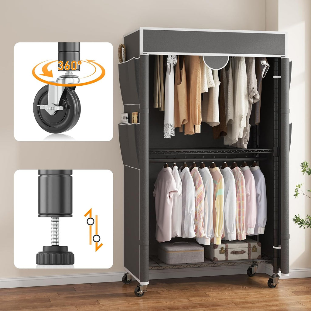 Gray Rolling Heavy‑Duty Portable Garment Closet Rack