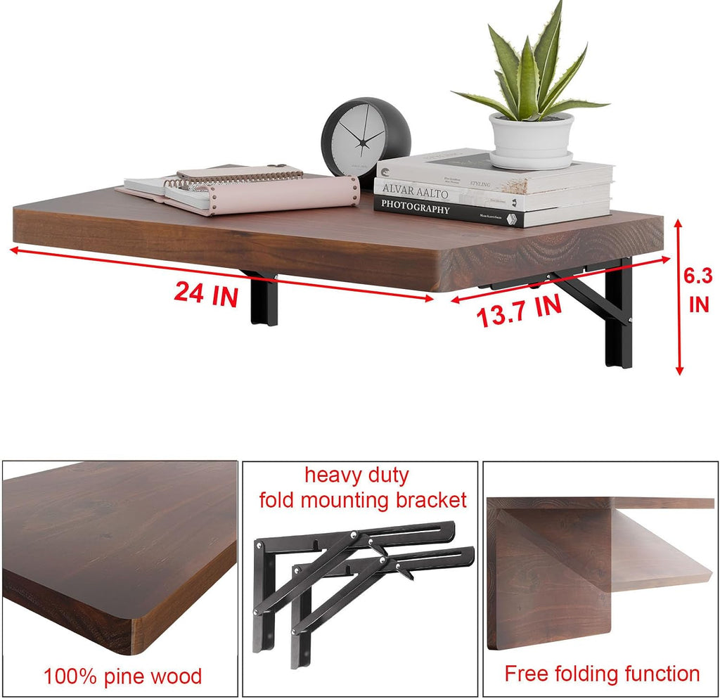 Brown Pine‑Wood Wall‑Mounted Folding Floating Desk
