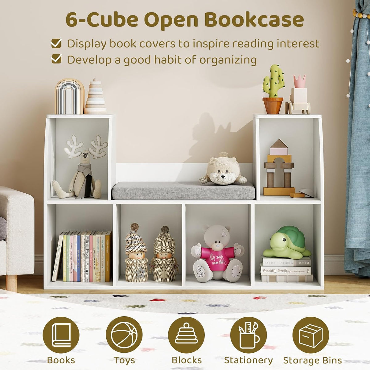 Wooden Kids Bookshelf With Reading Nook Bench
