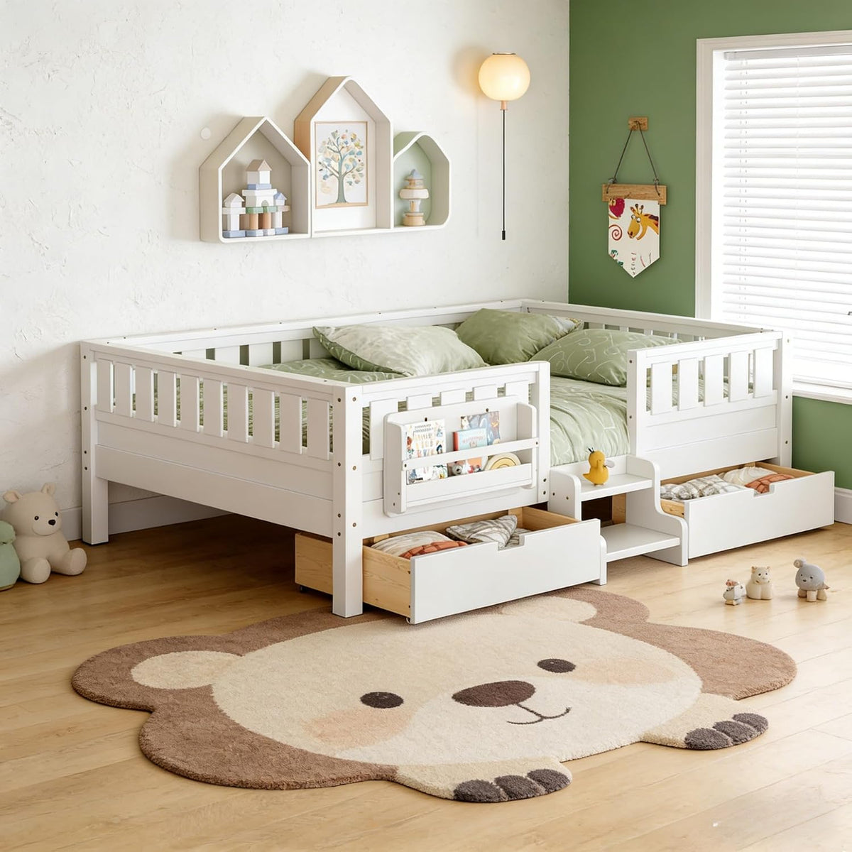 White Queen Kids Storage Platform Bed with Stairs & Guardrails