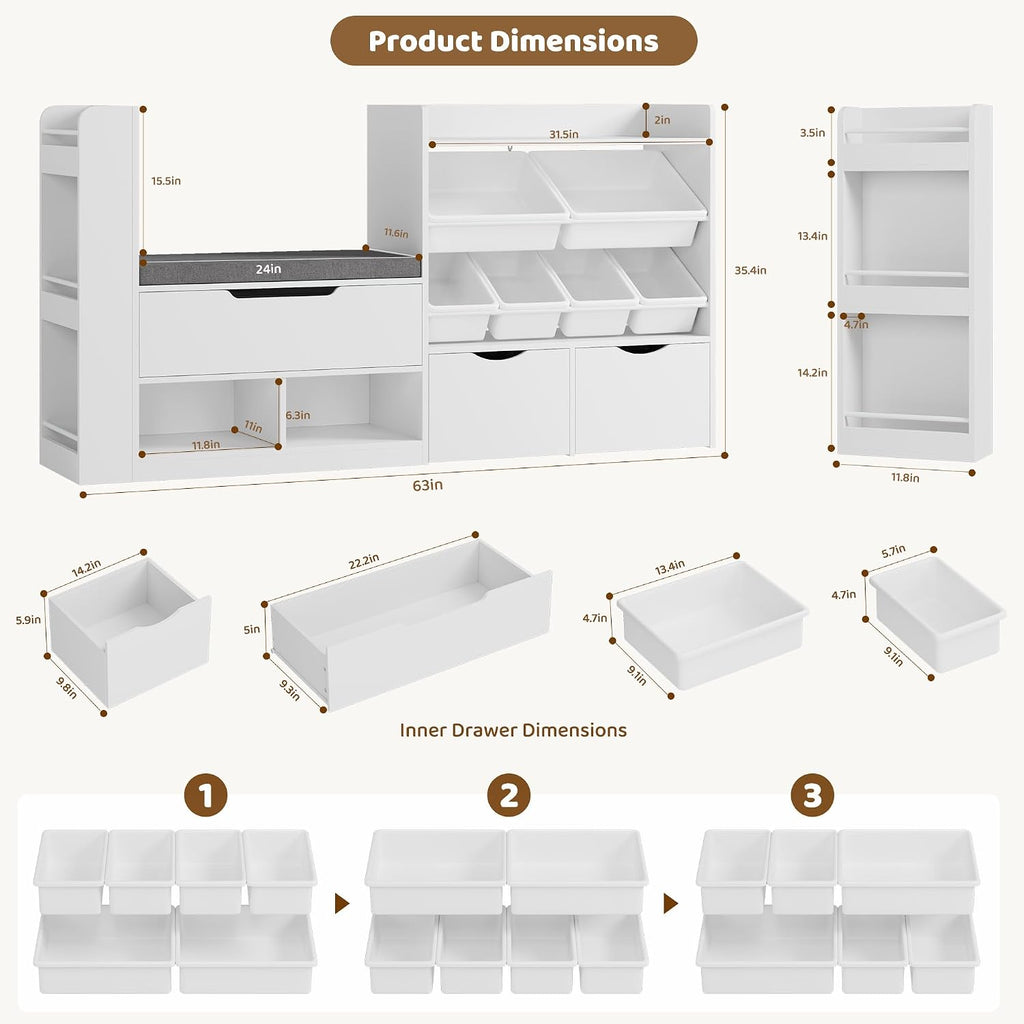 White Wooden Kids Bookshelf With Reading Bench