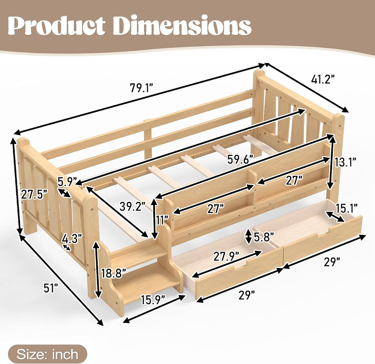 Wooden Montessori Twin Kids Bed With Storage Drawers